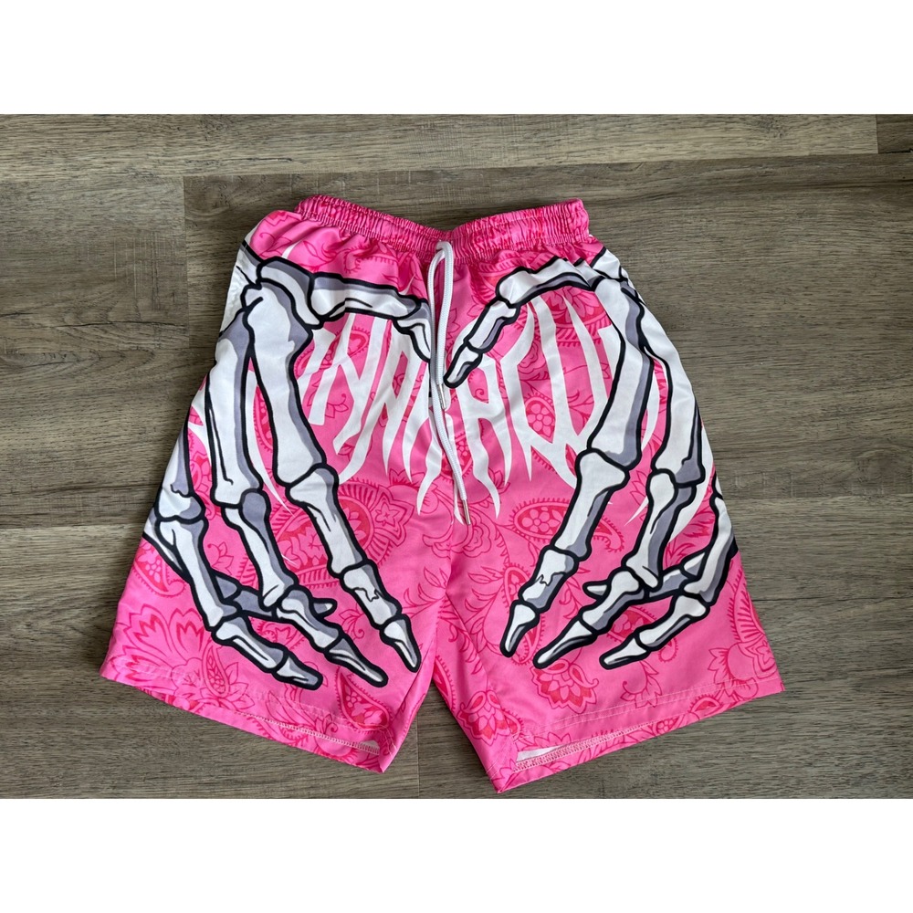 Romwe Pink Paisley Skeleton Hand Heart Shorts Womens Small Streetwear Graphic